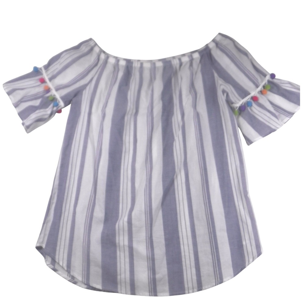 Promesa Womens Blue White Striped Off Shoulder Pom Pom Bell Sleeve Top Size M